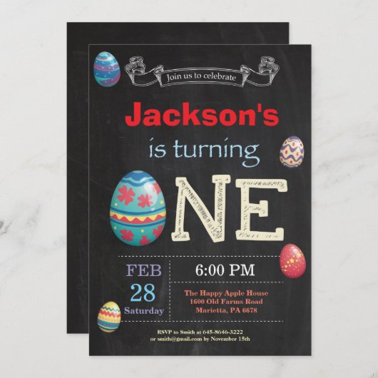 イースター誕生日ボーイイースター卵の最初の1日 招待状 (正面/裏面)
