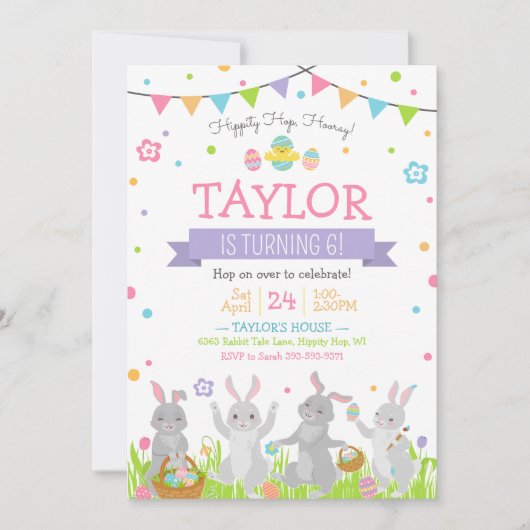 イースター誕生日招待状、イースターバニー 招待状 (正面)