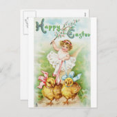 イースター郵便はがきの女の子の乗馬のひよこ シーズンポストカード (正面/裏面)