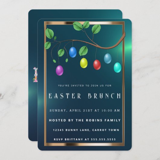 イースター金ゴールドフレームかわいい卵招待状 招待状 (正面/裏面)