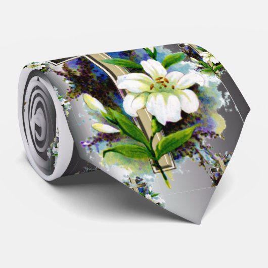 イースター金交差の白いLilly花-銀 ネクタイ (ロール)