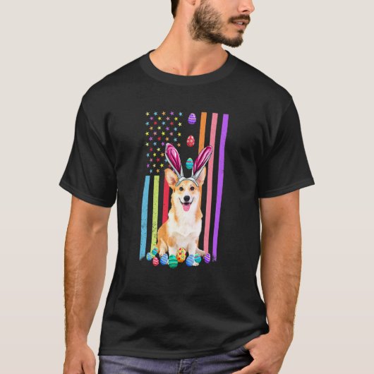 イースター アメリカンエッグ コーギーの旗 Tシャツ (正面)