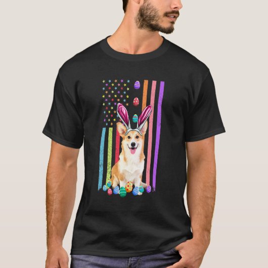 イースター アメリカ たまご 星条旗 コーギー 犬 おもしろ Tシャツ (正面)