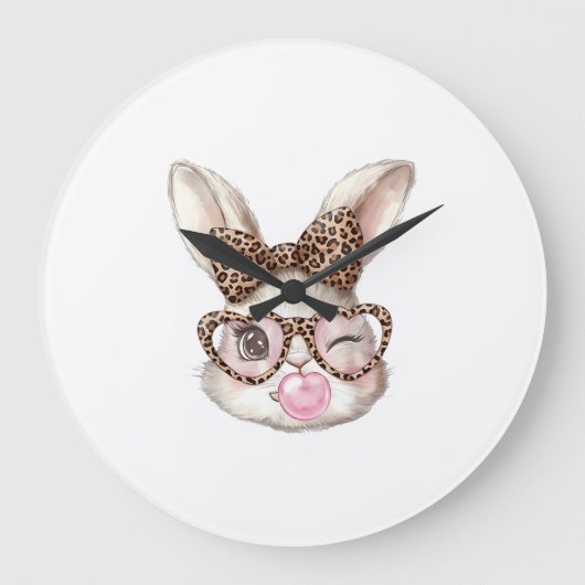 イースター+ウサギ+かわいい+メガネ+ヒョウ柄+ウサギ+ラビット+イースター ラージ壁時計 (正面)