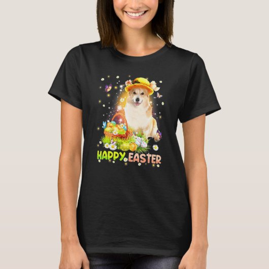 イースター ウサギ コーギー たまご かご 犬 Tシャツ (正面)