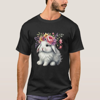 イースター+ウサギ+フラワークラウンのかわいい女の子用W Tシャツ