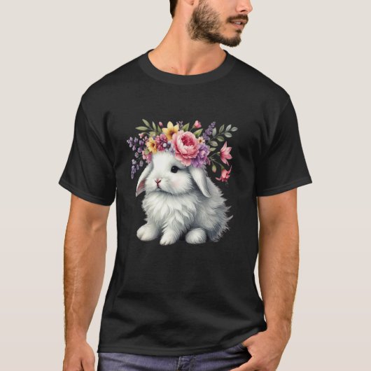 イースター+ウサギ+フラワークラウンのかわいい女の子用W Tシャツ (正面)