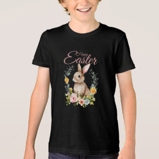イースター ウサギ 水彩 花輪 可愛い トライブレンドＴシャツ
