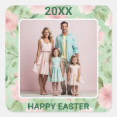 イースター カスタム フォト パステル ピンク & グリーン フラワーズ スクエアシール (正面)