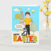 イースター・コーカサスの少年の犬の若い孫のために カード (黄色い花)