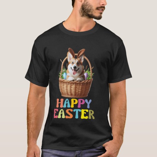 イースター コーギー バスケット デザイン 楽しさ Tシャツ (正面)