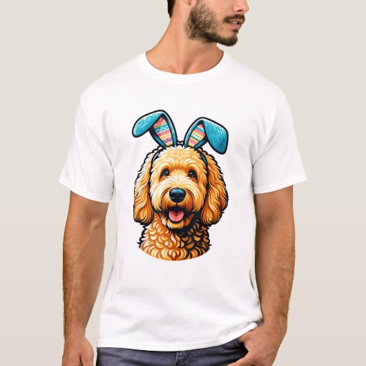 イースター ゴールデンドゥードル ウサギの耳をかぶった犬 イースター Tシャツ (正面)