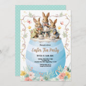 イースター・ティーパーティー招待状。水彩のウサギ、青 招待状 (正面/裏面)