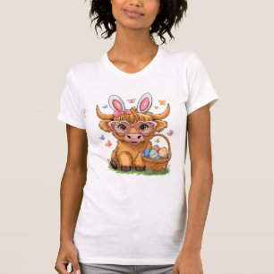イースター デー ハイランド カウ かわいいイースター ウサギ 農夫 女性 ガールズTシャツ Tシャツ