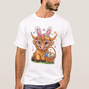 イースター デー ハイランド カウ かわいいイースター ウサギ 農夫 女性 ガールズTシャツ Tシャツ