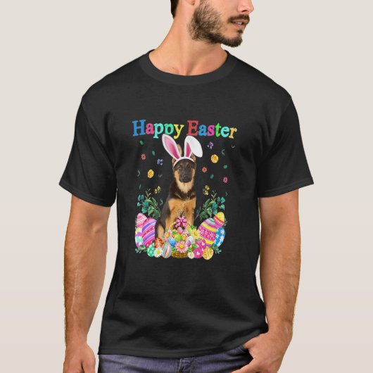 イースター・バニーとジャーマンシェパードとイースターエッグ Tシャツ (正面)
