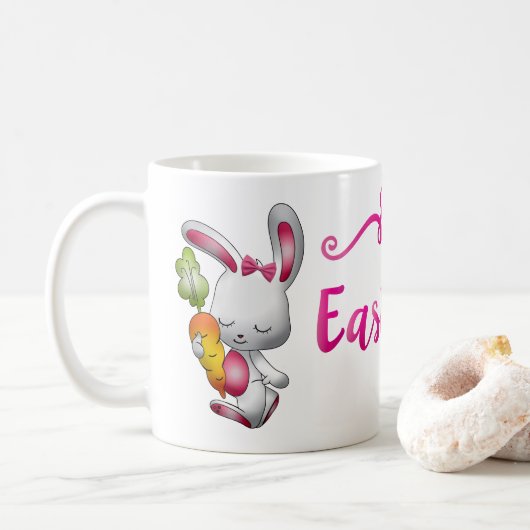 イースター バニー 白 ウサギ ピンク 文字 個人名入り コーヒーマグカップ (ドーナツ)