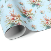 イースター パステルブルー 水彩 花柄 十字架 ラッピングペーパー (ロールコーナー)