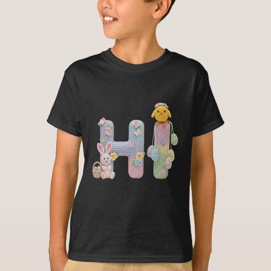 イースター パステル かぎ針編み うさぎ & ヒヨコ デザイン Tシャツ (正面)