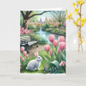 イースター ピンクのチューリップ 折りたたみ式グリーティングカード カード (黄色い花)
