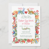 イースター フォーク フローラル バニー ウサギ ギンガム 卵の狩り 招待状 (正面)