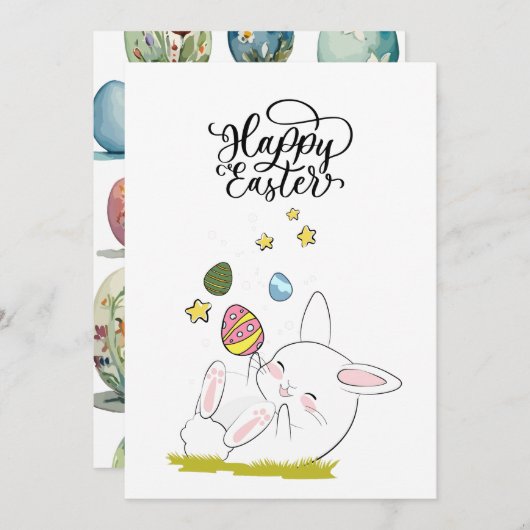 イースター・ブランチ&イースターエッグ・ハント| かわいいウサギのイースターエッグ 招待状 (正面/裏面)