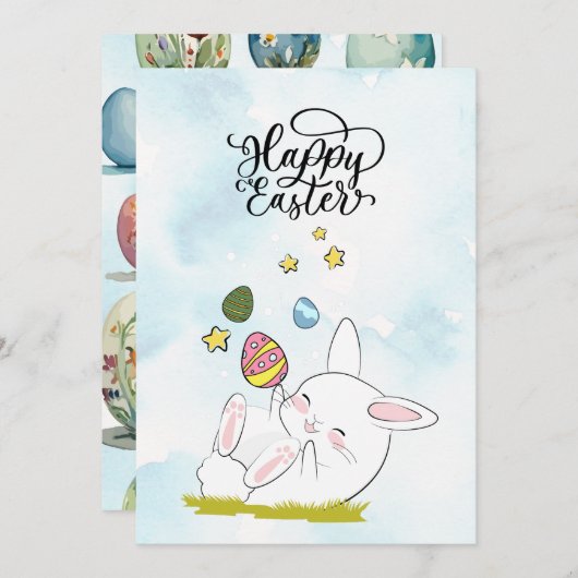 イースター・ブランチ&イースターエッグ・ハント| かわいいウサギのイースターエッグ 招待状 (正面/裏面)