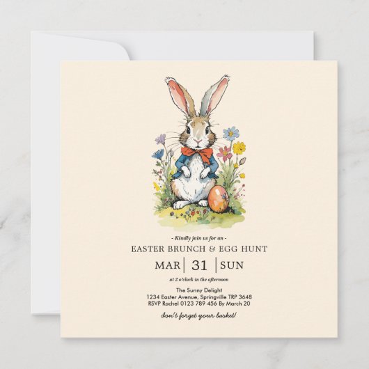 イースター・ブランチ&イースター・エッグ・ハント| ワイルドフラワーのバニー 招待状 (正面)