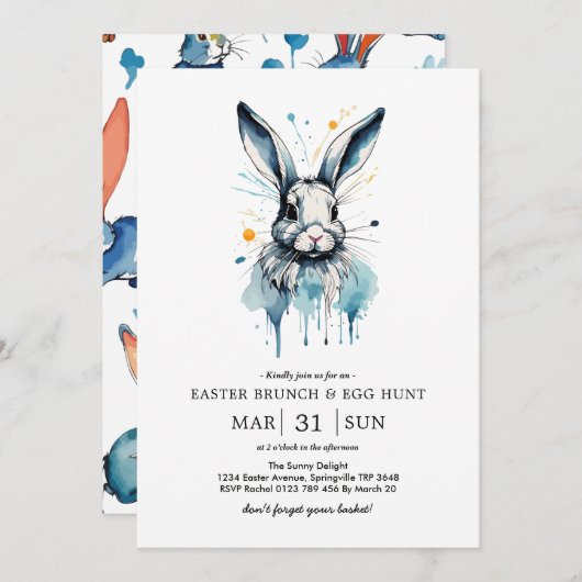 イースター・ブランチ＆イースター・エッグ・ハント | 水彩のウサギ 招待状 (正面/裏面)