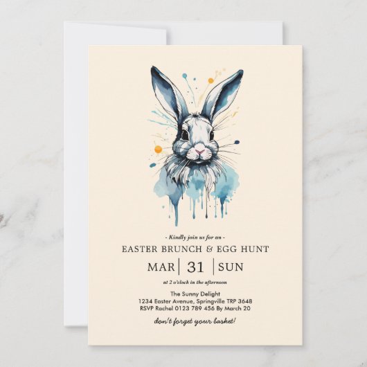イースター・ブランチ＆イースター・エッグ・ハント | 水彩のウサギ 招待状 (正面)