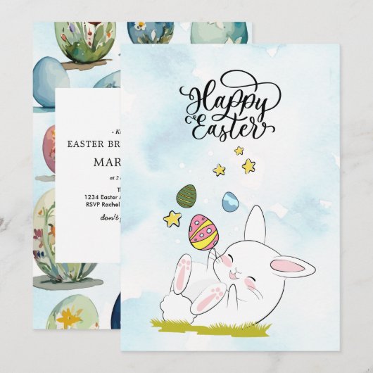 イースター・ブランチ & 卵の宝探し | かわいいウサギのイースターエッグ 招待状 (正面/裏面)
