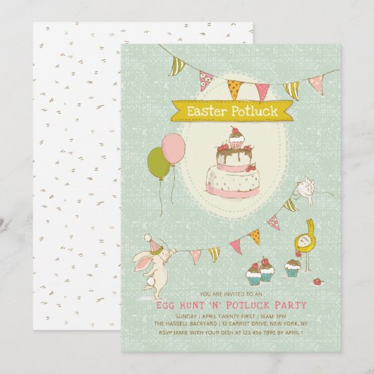 イースター ポットラック イースターエッグ ハント パーティー 招待状 (正面/裏面)