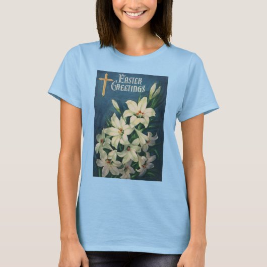 イースター リリー 花、ヴィンテージ 宗教的なイースター Tシャツ (正面)