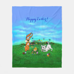 イースター – 子犬のカポウサギと雛 フリースブランケット