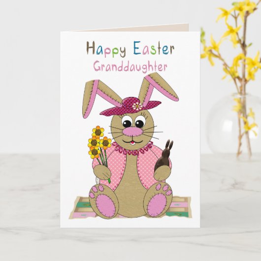 イースター、孫娘、ぬいぐるみイースターバニー カード (黄色い花)