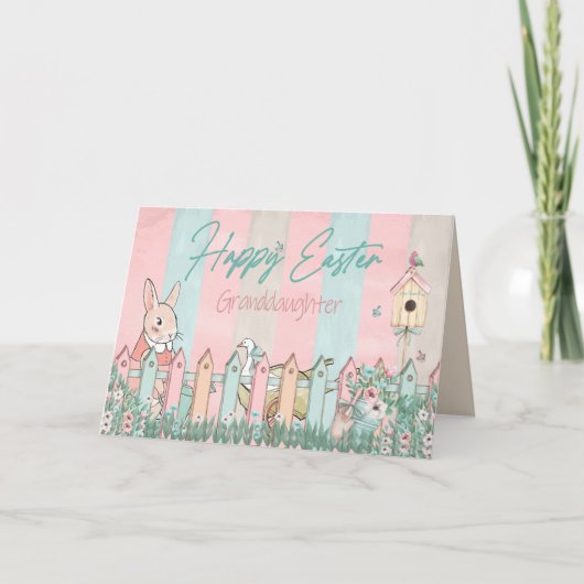 イースター、孫娘、バニーガーデニング、フェンス カード (正面)