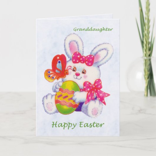 イースター。 孫娘。 バニー、卵および蝶 シーズンカード (正面)
