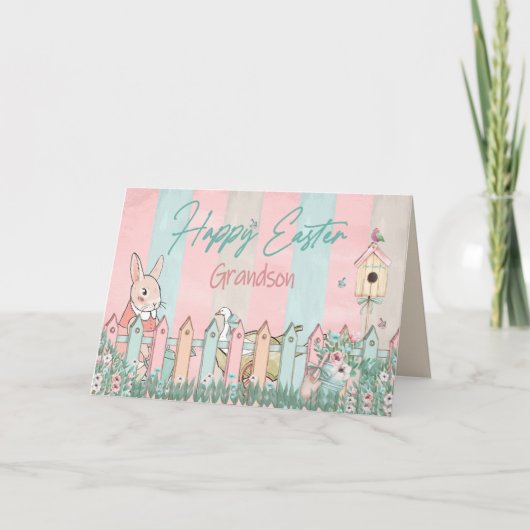 イースター、孫、バニーガーデニング、フェンス カード (正面)