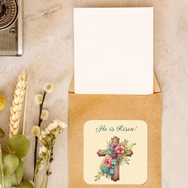 イースター「彼は復活した」フローラ・クロス スクエアシール