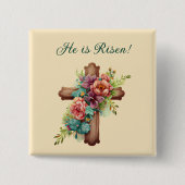 イースター「彼は復活した」フローラ・クロス 缶バッジ (正面)