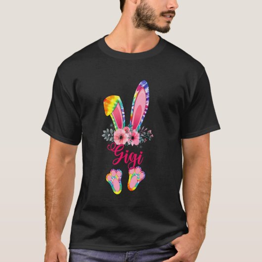 イースター 母の日 Gigi タイ ダイ ウサギ フラワー Tシャツ (正面)