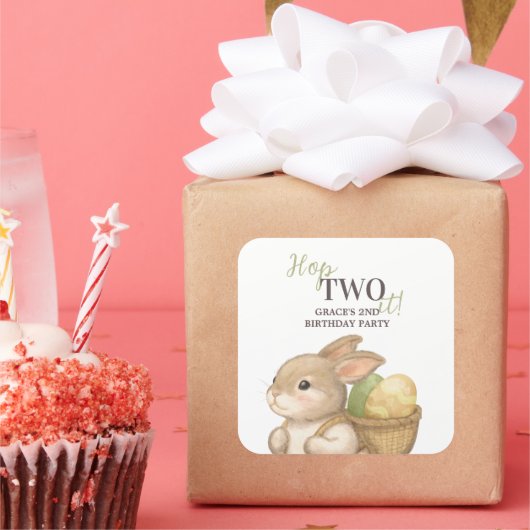 イースター・2歳の誕生日バニー 編集可能 Hop Two It スクエアシール (パーティー)