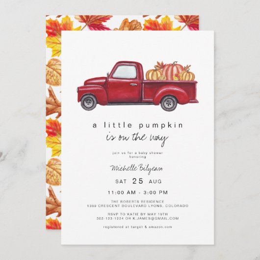 イーストンレッドトラック秋カボチャベビーシャワー 招待状 (正面/裏面)