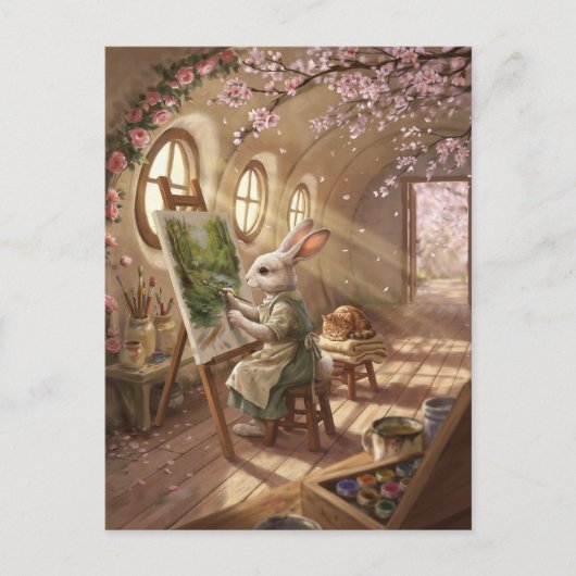 イーゼルで絵を描く気まぐれなウサギのアーティスト ポストカード (正面)