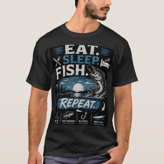 イート スリープ フィッシュ リピート 釣り Tシャツ (正面)