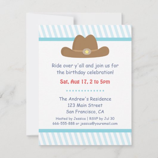 イーハウウエスタンカウボーイ子供の誕生日パーティー 招待状 (裏面)