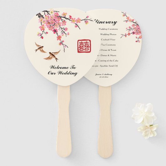 イ中国のキ絵を描の花の鳥の結婚式プログラム ハンドファン (正面&裏面)