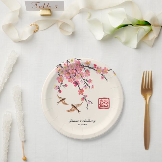 イ中国のク絵を描の花の鳥結婚類 ペーパープレート (ウェディング)