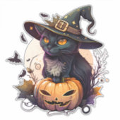 ウィザーズ・ハット・カボチャとこうもりの可愛い黒猫 シール (正面)