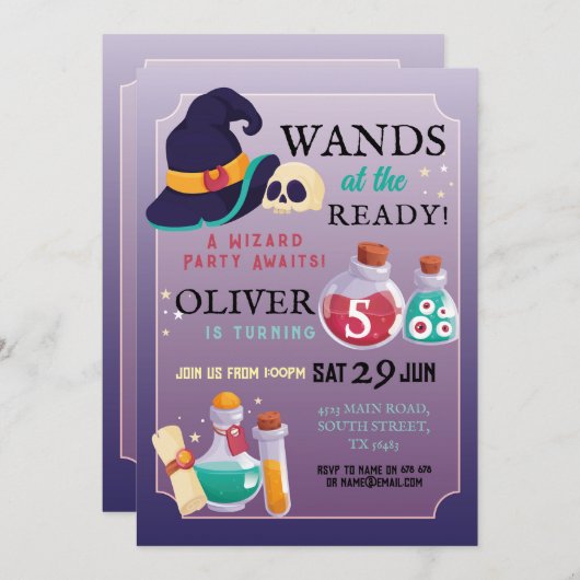 ウィザードの誕生日パーティーの準備ができて 招待状 (正面/裏面)